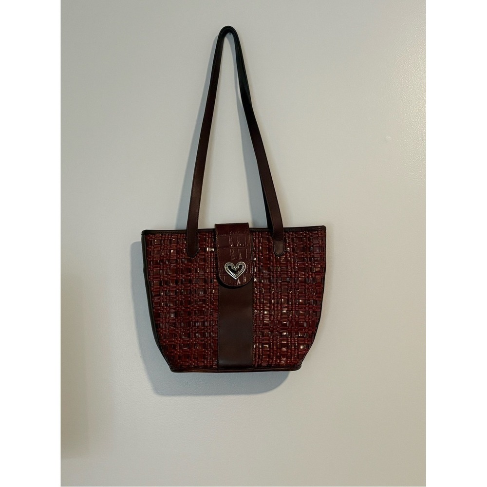 Brighton Brown Woven Shoulder Tote Bag Leather Trim Croc Embossed Heart